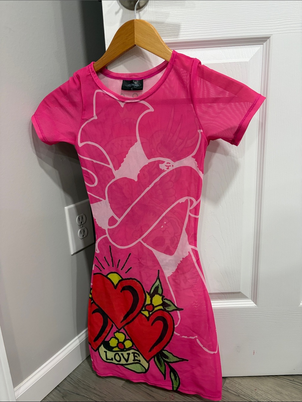 Bright Pink Graphic Heart Mesh Dress